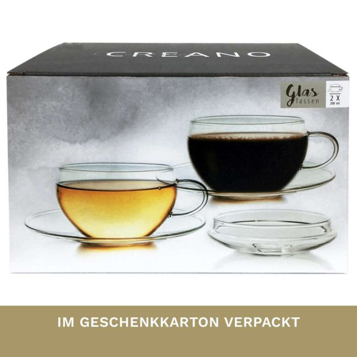 Creano 2er-Set Glastassen mit Untertasse & Deckel – 200 ml