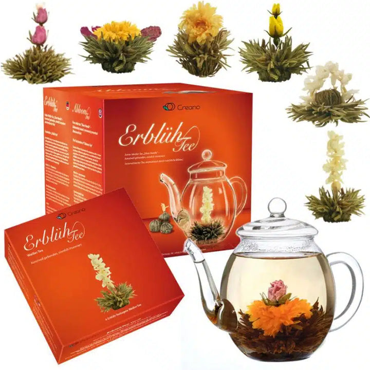 Creano Teeblumen Mix – Geschenkset “ErblühTee” mit Glaskanne Weißtee (6 Sorten)
