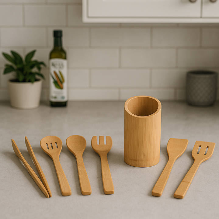 7-teiliges Küchenutensilienhalter-Set Bambus - Elysera