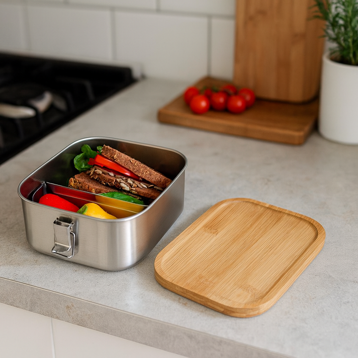 Lunchbox mit Clipverschluss, Edelstahl/Bambus - Elysera