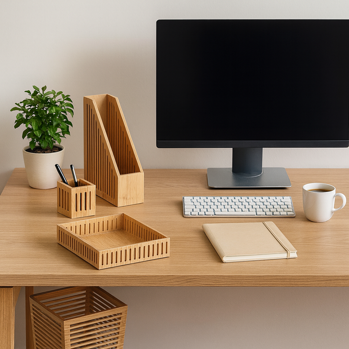Bambus-Set „Office Harmony“ – Ablagebox, Stehsammler, Stiftebecher & Papierkorb - Elysera