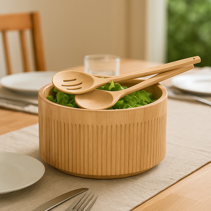 Stripes 2er Set aus Gummibaumholz Schale Salatbesteck im Rillendesign - Elysera