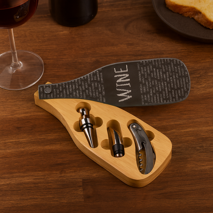 Wein-Set 4-teilig Edelstahl/Gummibaum/Glas - Elysera