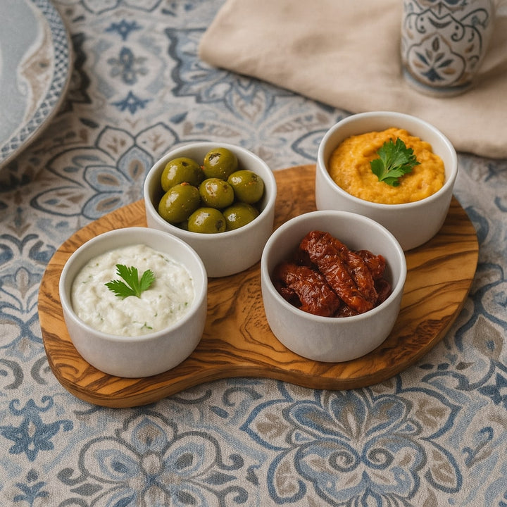 Servierbrett für Dips inkl. 4 Porzellanschälchen aus Olivenholz - Elysera
