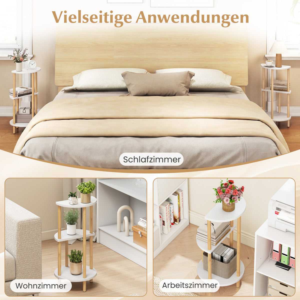 Runder Beistelltisch aus Bambus mit 3 Ablagen – 2er-Set