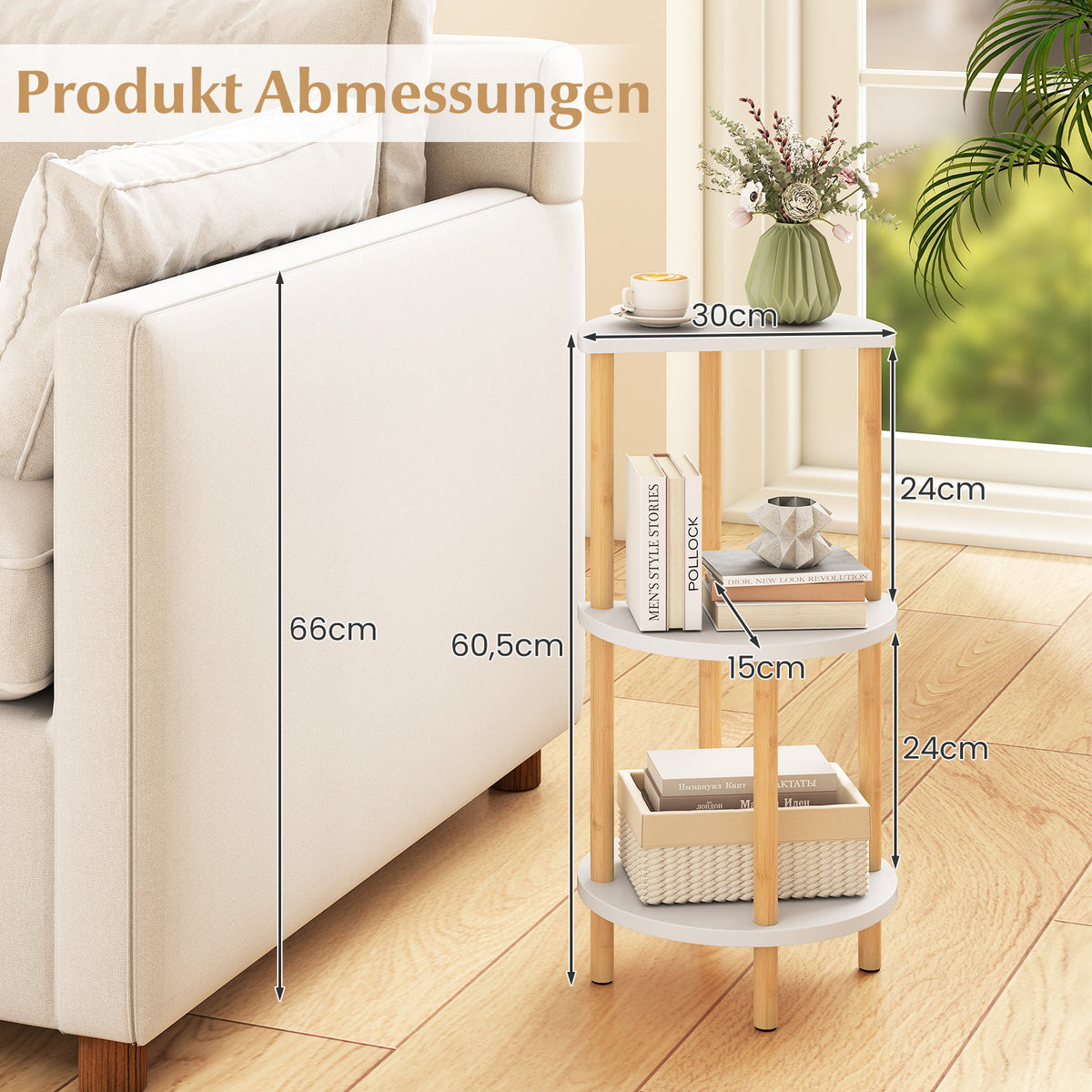 Runder Beistelltisch aus Bambus mit 3 Ablagen – 2er-Set