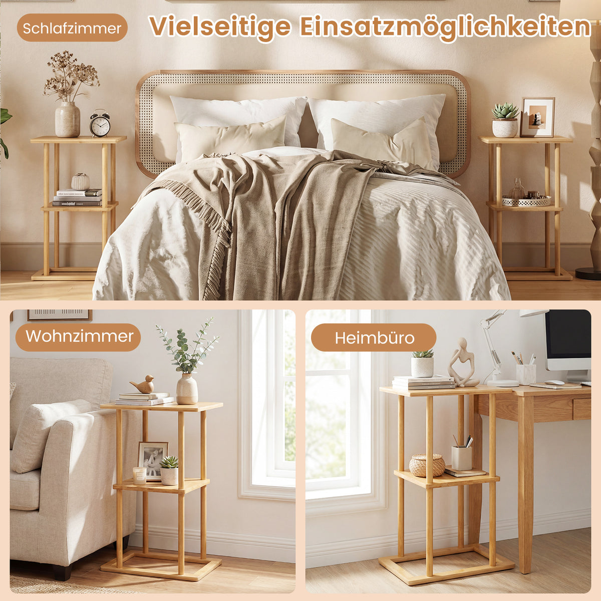 Beistelltisch aus Bambus mit 2 Ablagen – 2er-Set