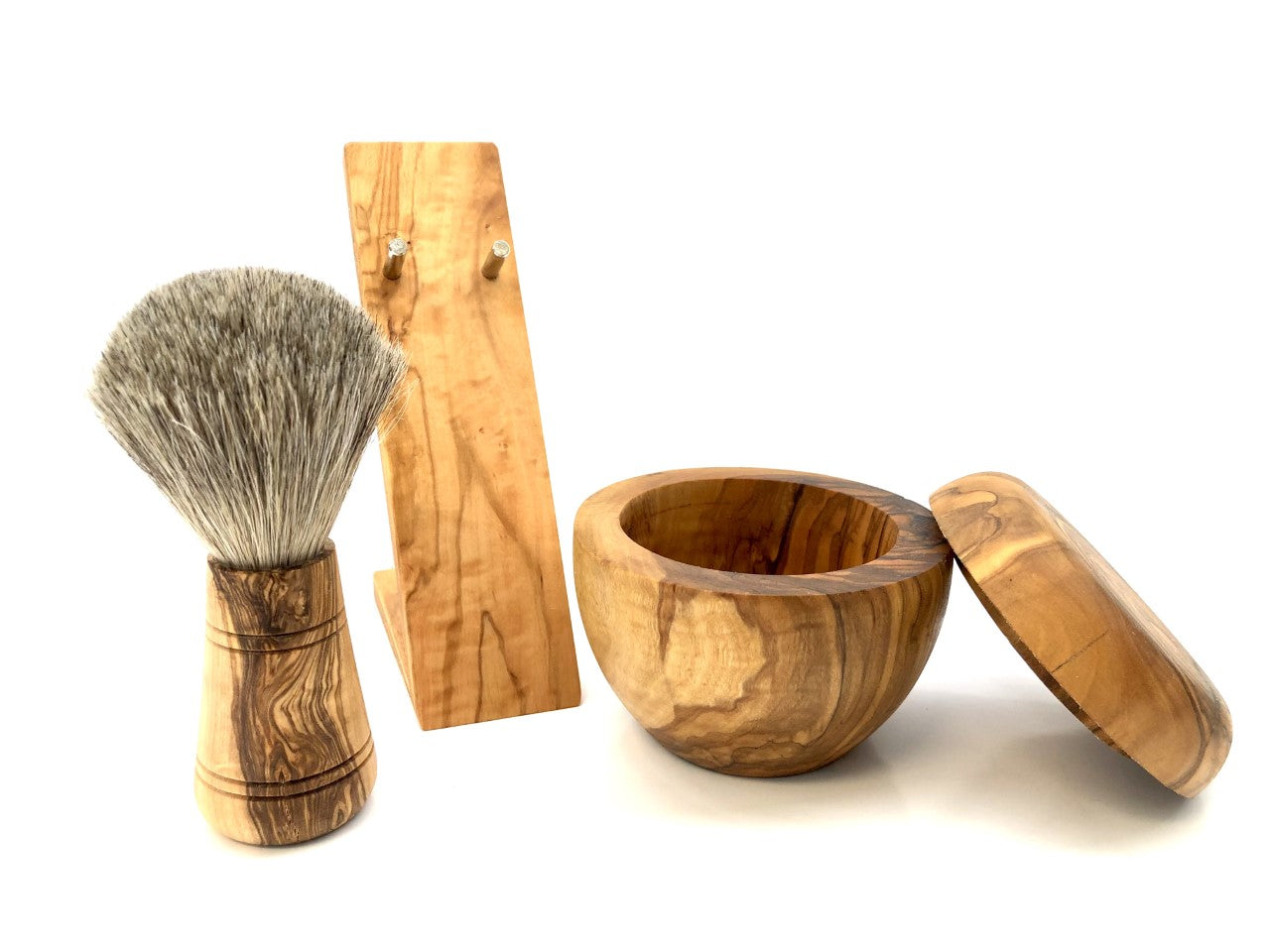 3-tlg. Rasierset aus Olivenholz mit Halter, Pinsel & Rasierdose - Elysera