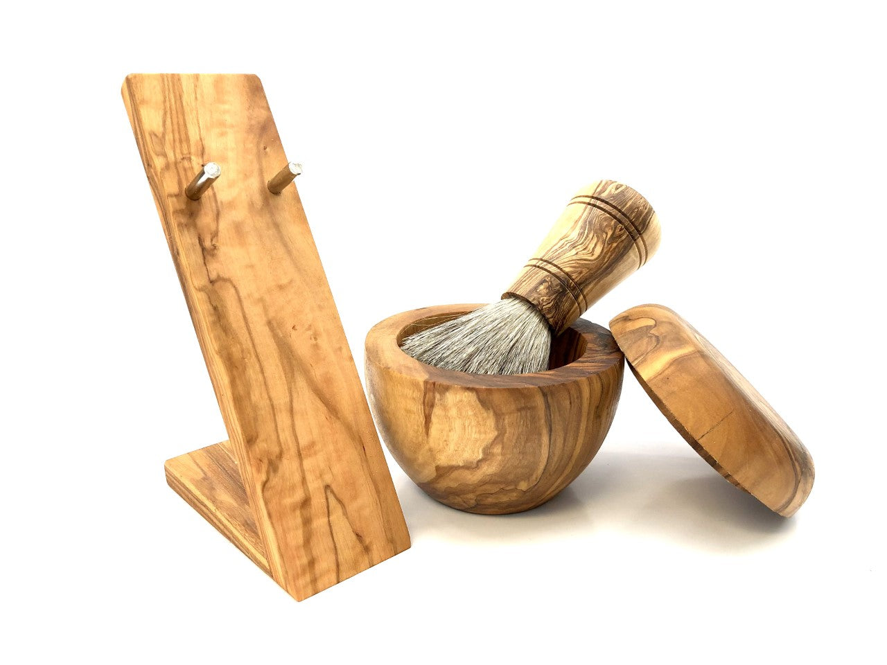 3-tlg. Rasierset aus Olivenholz mit Halter, Pinsel & Rasierdose - Elysera