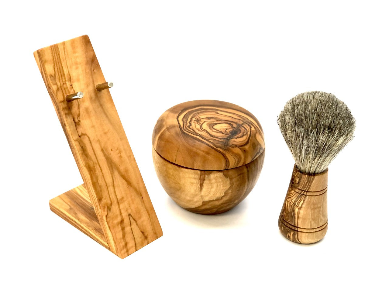 3-tlg. Rasierset aus Olivenholz mit Halter, Pinsel & Rasierdose - Elysera