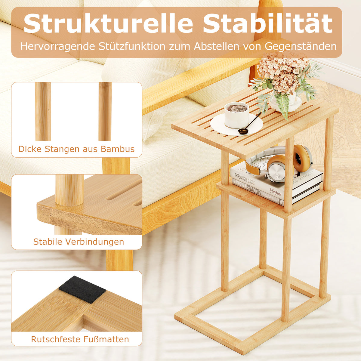 Beistelltisch aus Bambus mit 2 Ablagen – 2er-Set
