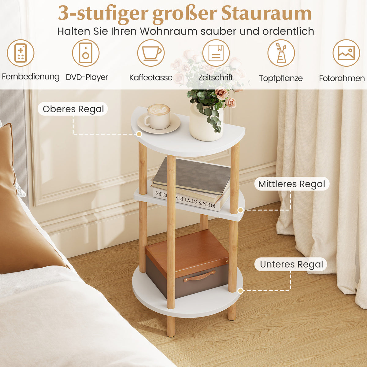 Runder Beistelltisch aus Bambus mit 3 Ablagen – 2er-Set