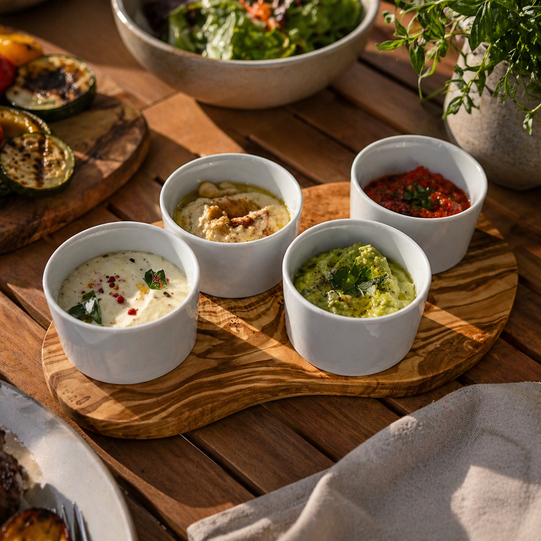 Servierbrett für Dips inkl. 4 Porzellanschälchen aus Olivenholz
