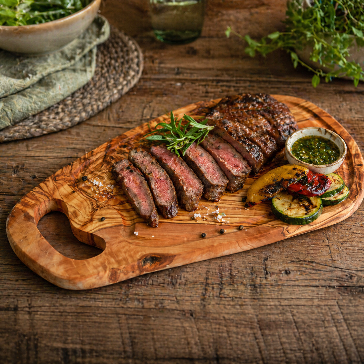 Steakbrett aus Olivenholz mit Saftrille und Fleisch