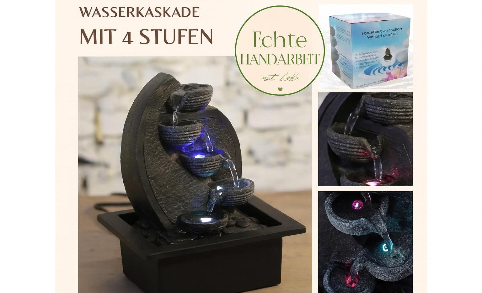 Zimmerbrunnen – Wasserfall V2 – Durchfluss 4 Stufen LED-Licht - Elysera