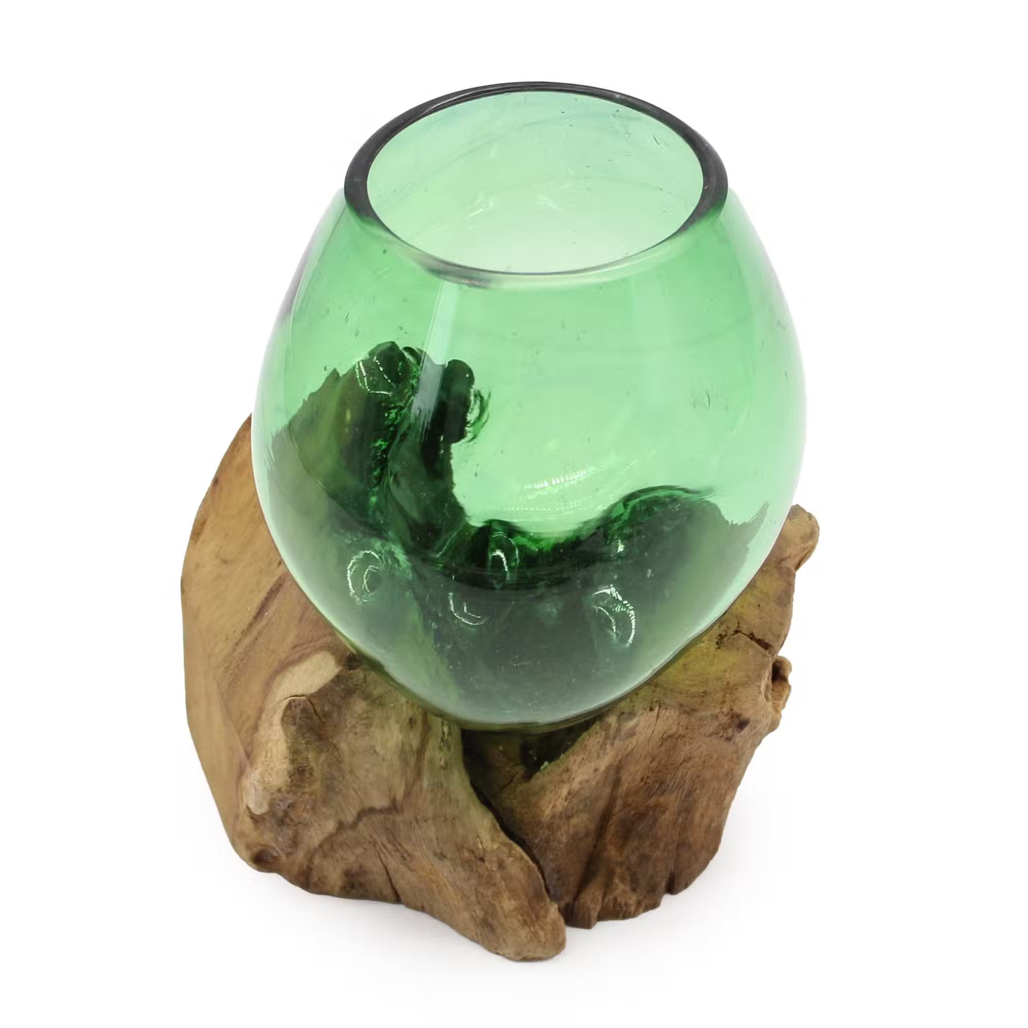 Grünes Glasgefäß aus Recyclingglas auf Gamalholz – 18 cm