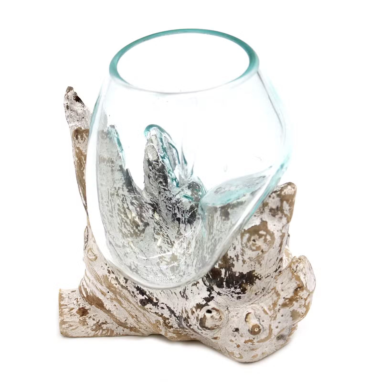 Glasschale aus Recyclingglas auf Whitewash-Gamalholz – 3 Größen