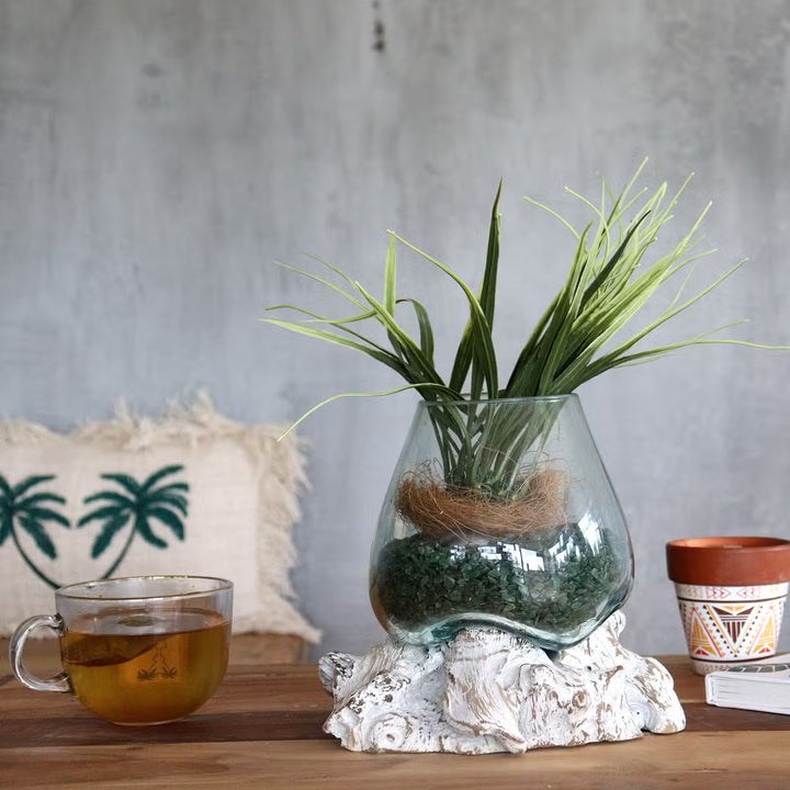 Glasschale aus Recyclingglas auf Whitewash-Gamalholz – 3 Größen