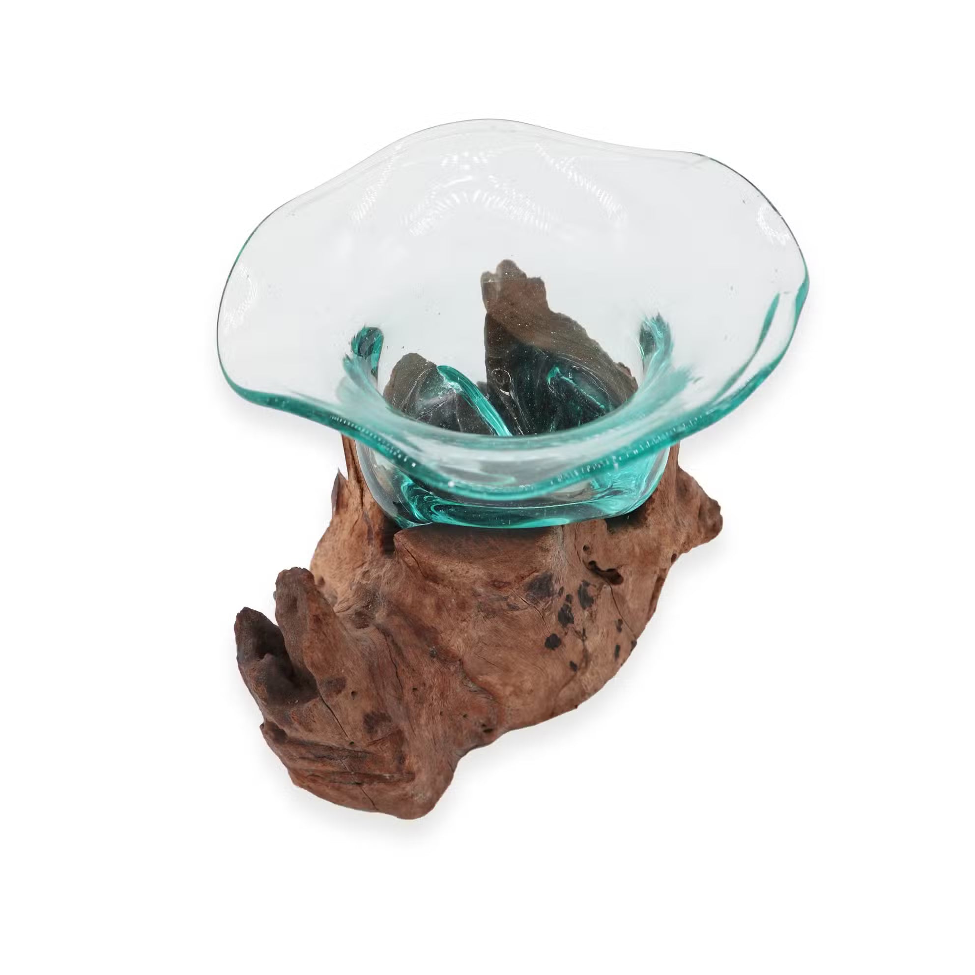 Glasschale aus Recyclingglas auf Gamalholz