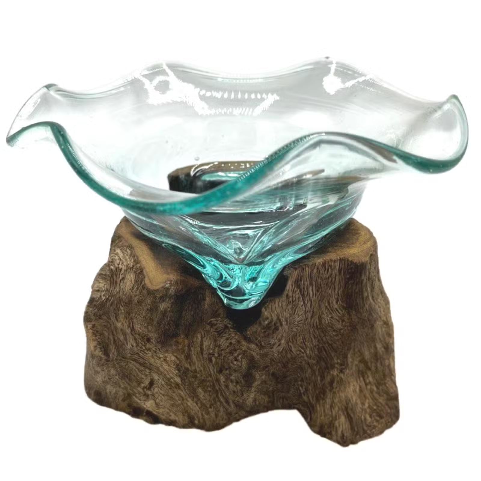 Glasschale aus Recyclingglas auf Gamalholz