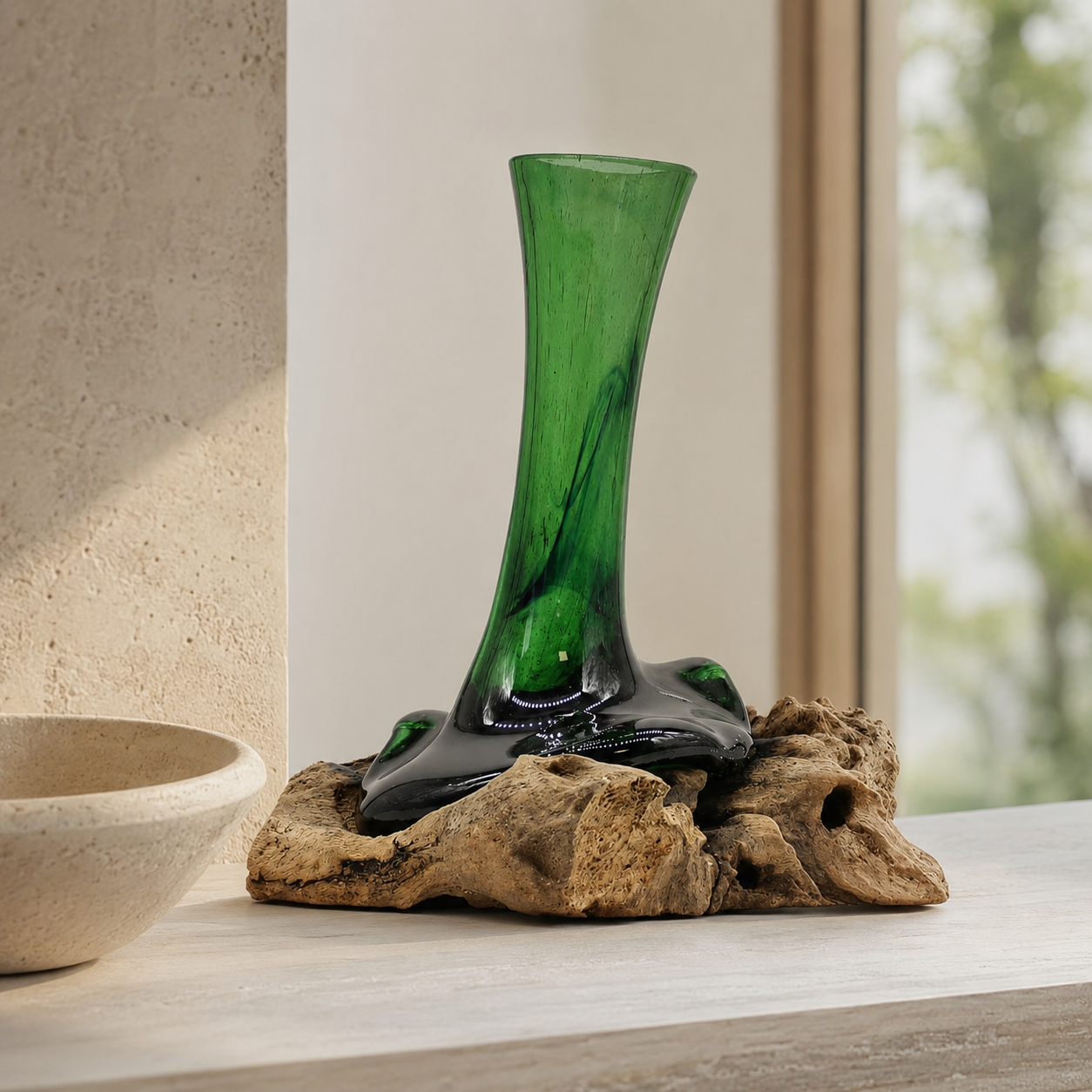Grüne Glasvase aus Recyclingglas auf Gamalholz – 20 cm