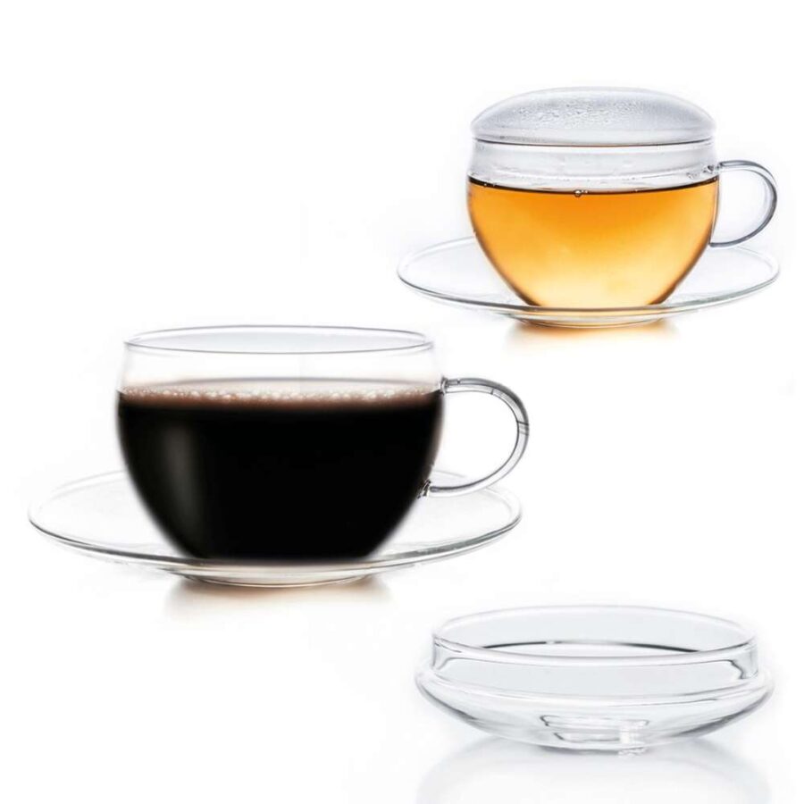 Creano 2er-Set Glastassen mit Untertasse & Deckel – 200 ml