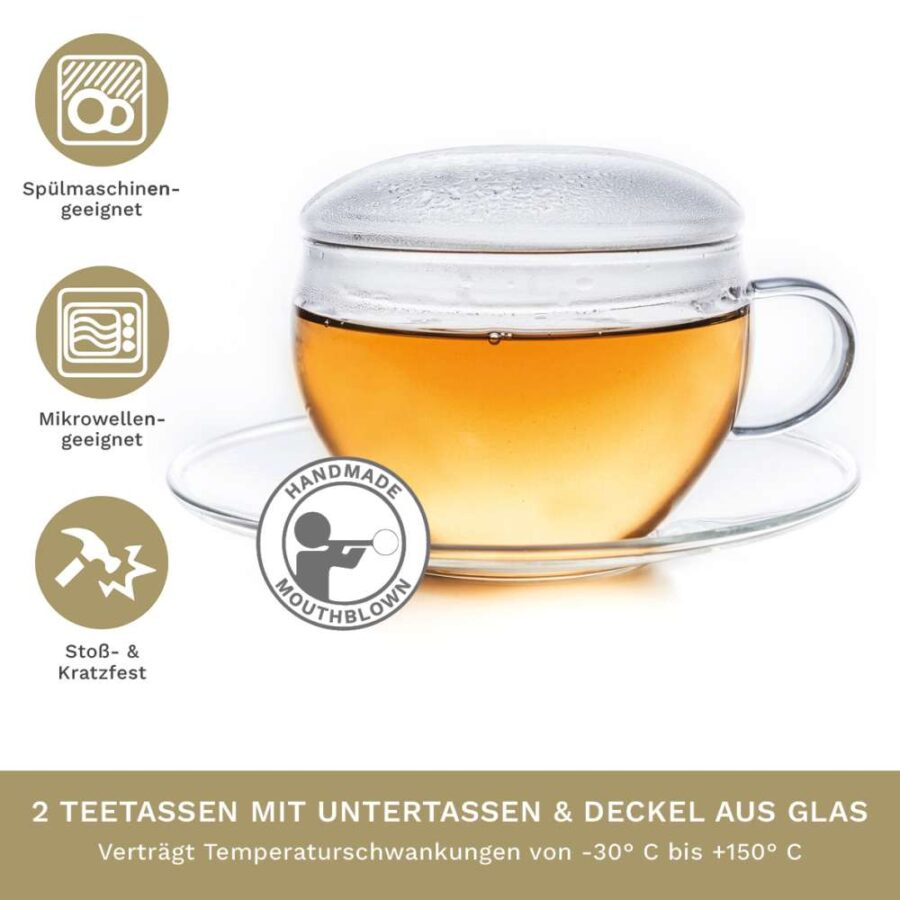 Creano 2er-Set Glastassen mit Untertasse & Deckel – 200 ml