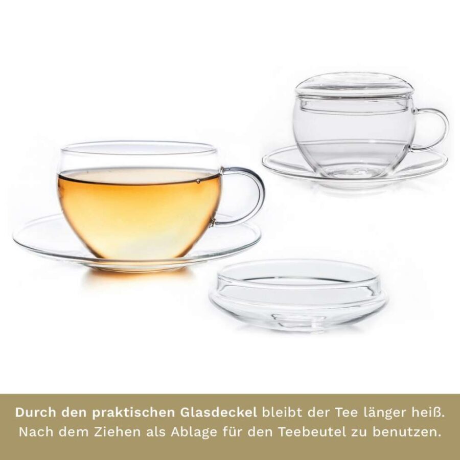 Creano 2er-Set Glastassen mit Untertasse & Deckel – 200 ml