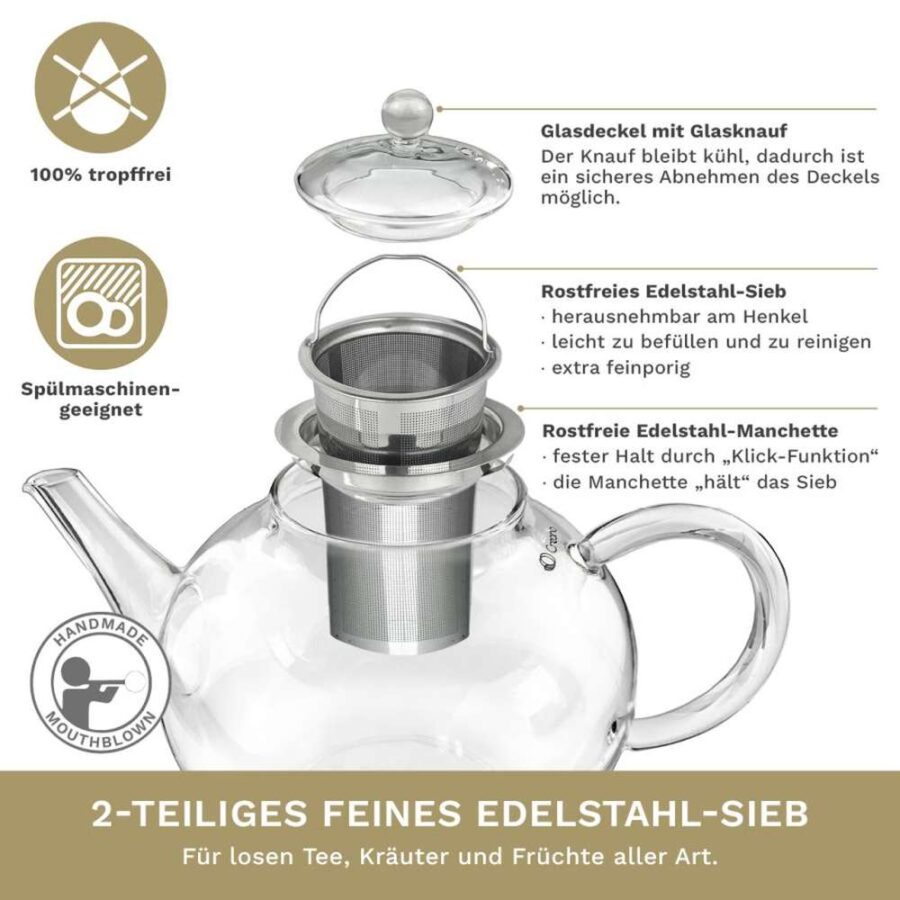 Creano Glas Teekanne “Flach” | 1,2 L