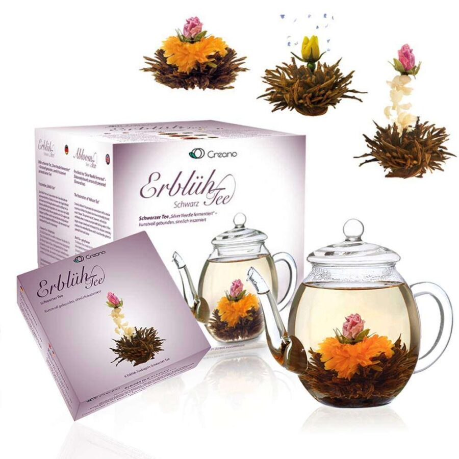 Creano Teeblumen Mix – Geschenkset ErblühTee mit Glaskanne, Schwarztee (6 Teerosen in 3 Sorten)