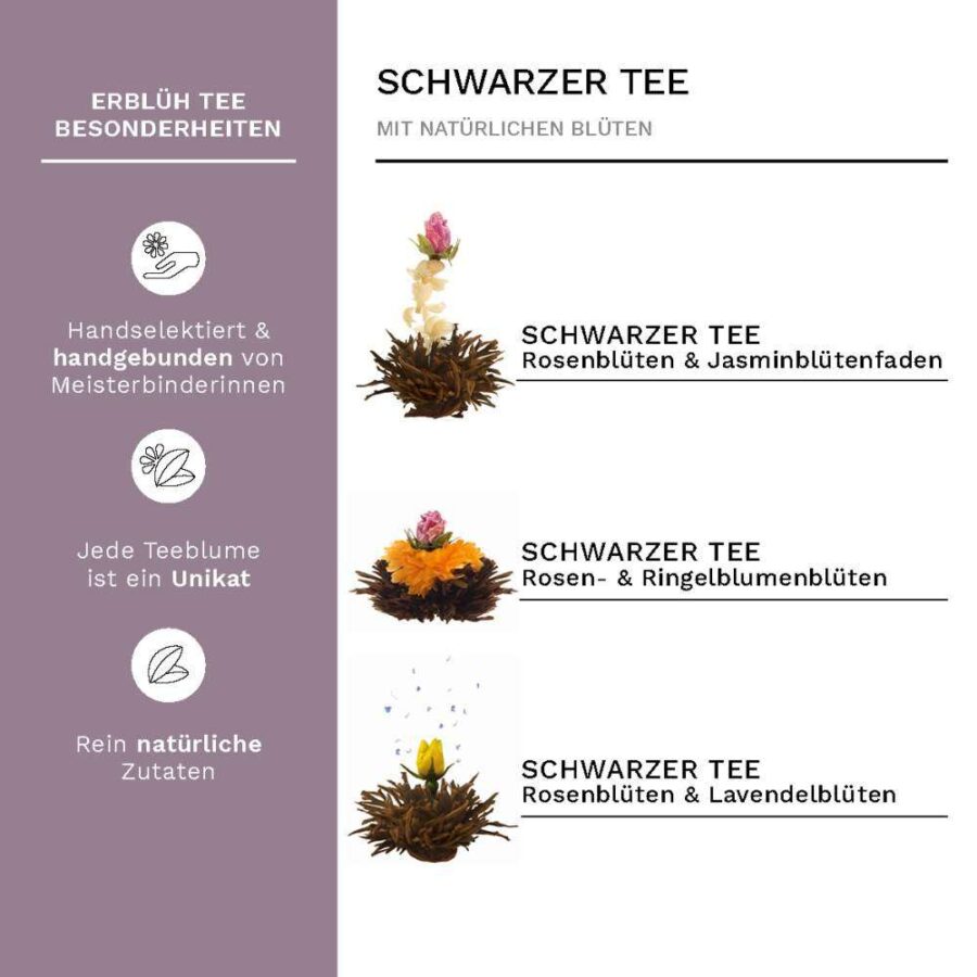 Creano Teeblumen Mix – Geschenkset ErblühTee mit Glaskanne, Schwarztee (6 Teerosen in 3 Sorten)