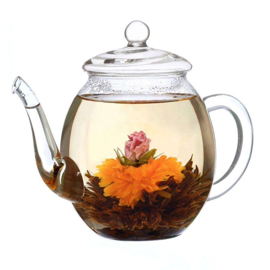 Creano Teeblumen Mix – Geschenkset ErblühTee mit Glaskanne, Schwarztee (6 Teerosen in 3 Sorten)