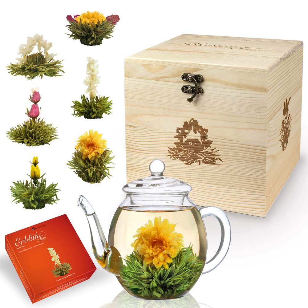 Creano Teeblumen-Mix Geschenkset mit 500 ml Teekanne in edler Holzbox – Weißer Tee