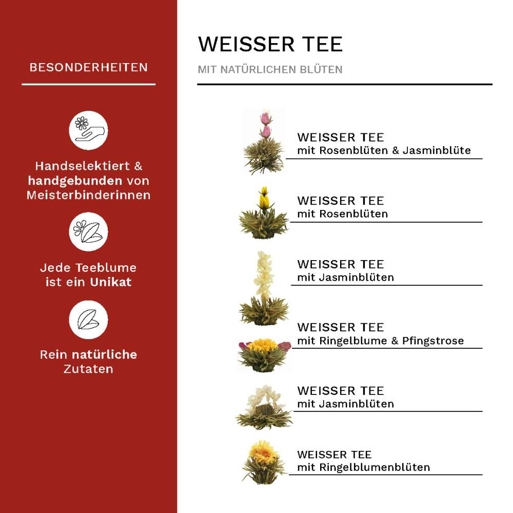 Creano Teeblumen-Mix Geschenkset mit 500 ml Teekanne in edler Holzbox – Weißer Tee