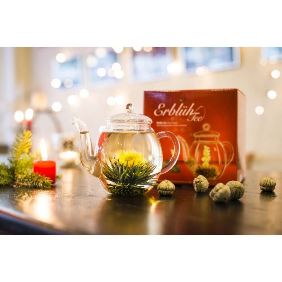 Creano Teeblumen Mix – Geschenkset “ErblühTee” mit Glaskanne Weißtee (6 Sorten)