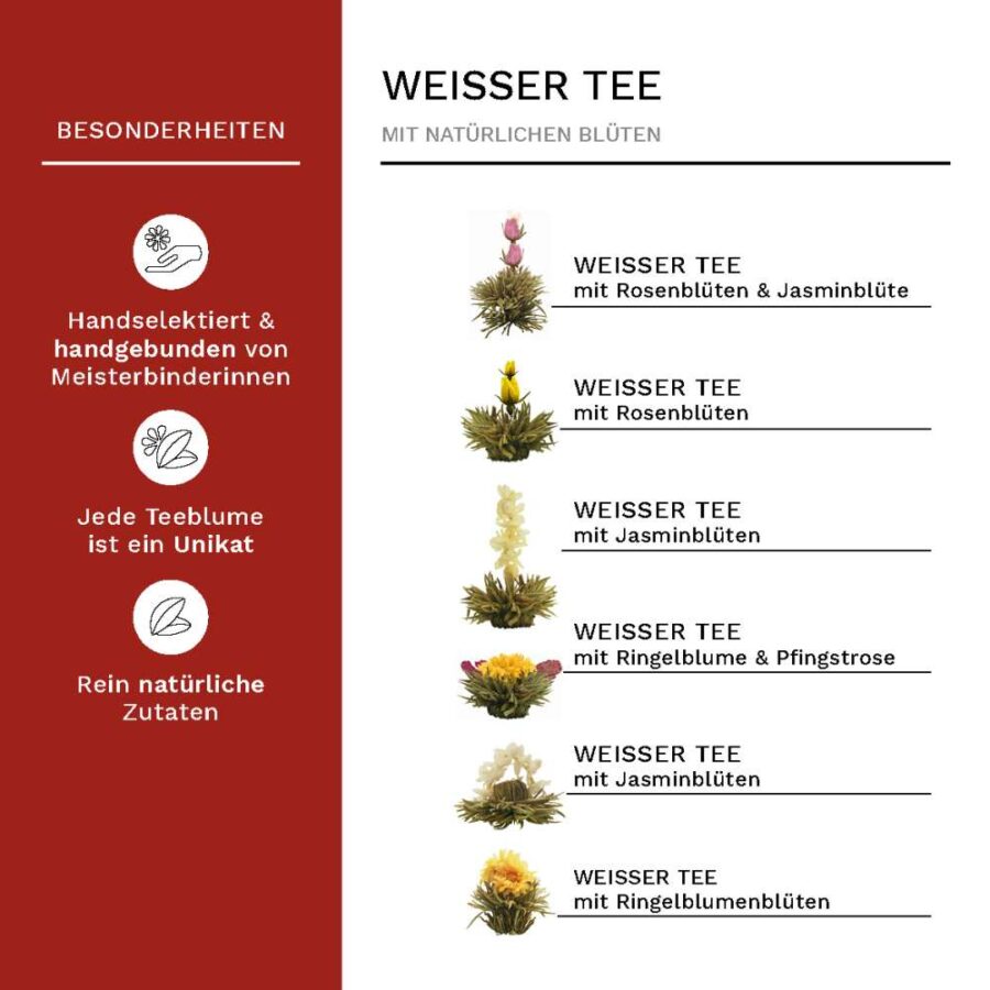 Creano Teeblumen Mix – Geschenkset “ErblühTee” mit Glaskanne Weißtee (6 Sorten)