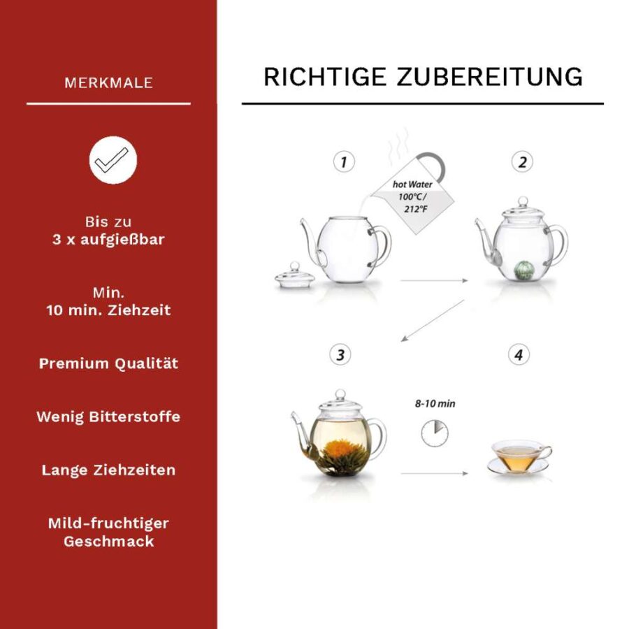 Creano Teeblumen Mix – Geschenkset “ErblühTee” mit Glaskanne Weißtee (6 Sorten)
