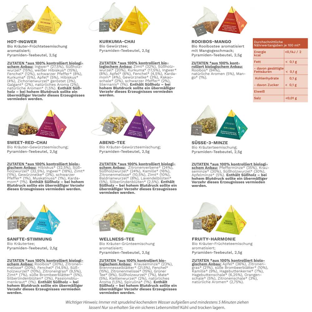 Creano Bio Kräutertee 18er Pyramiden Geschenkset „ORGANIC HERBAL TEA“