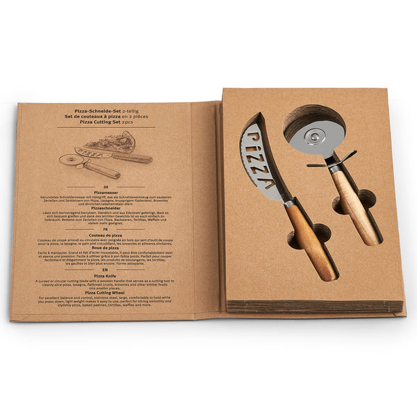 Pizza Schneide Set mit Messer und Pizzaschneider aus Edelstahl und Holz