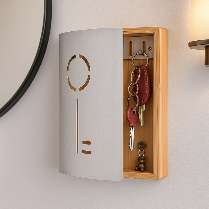Schlüsselkasten aus Bambus und Edelstahl mit 8 Haken an der Wand