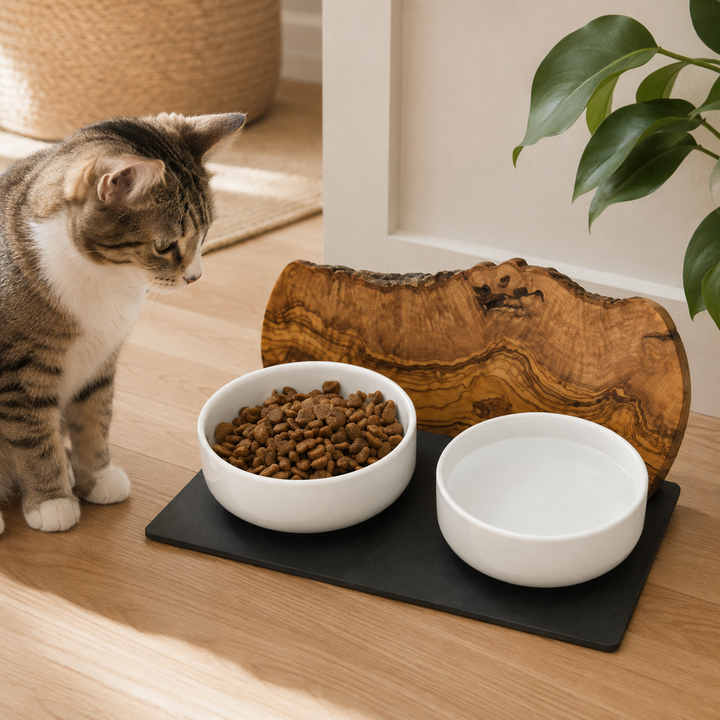 Futterstation Cats only aus Olivenholz – je 0,4 l