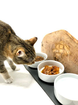 Futterstation Cats only aus Olivenholz mit 3 Porzellanschalen – je 0,4 l