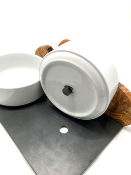 Futterstation  aus Olivenholz mit 2 Porzellanschalen – je 0,9 l