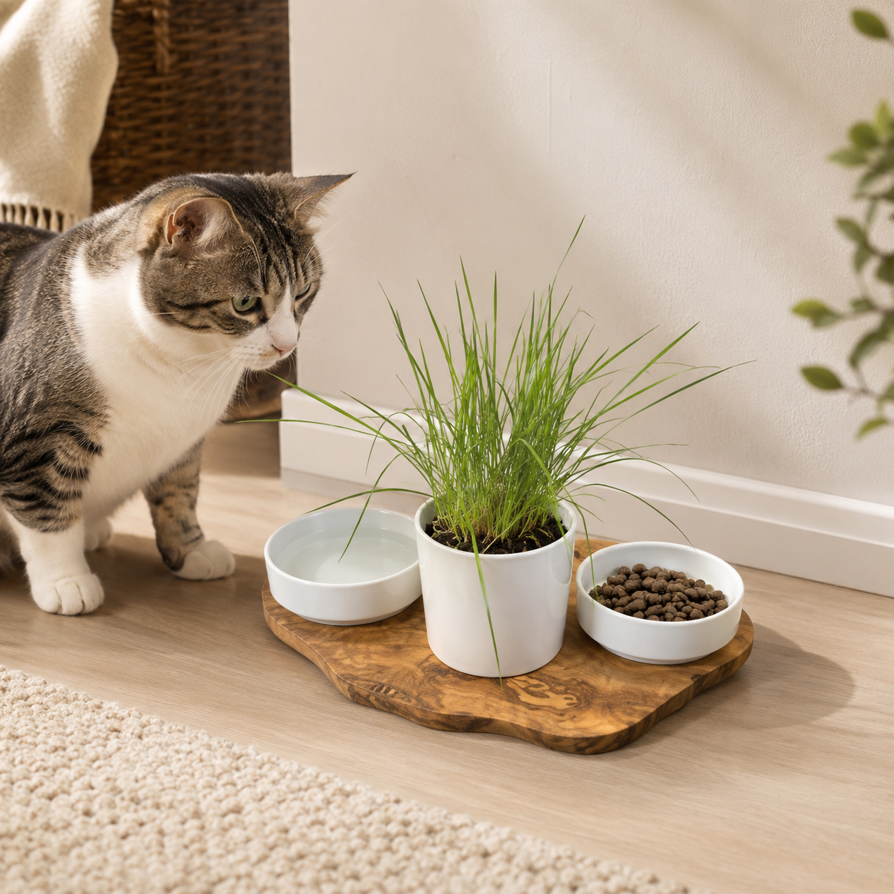 Futterstation aus Olivenholz mit 2 Porzellanschalen und Katzengras-Topf