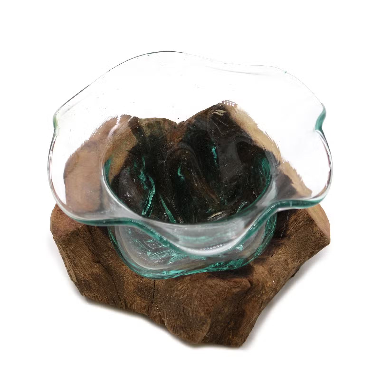Glasschale aus Recyclingglas auf Gamalholz