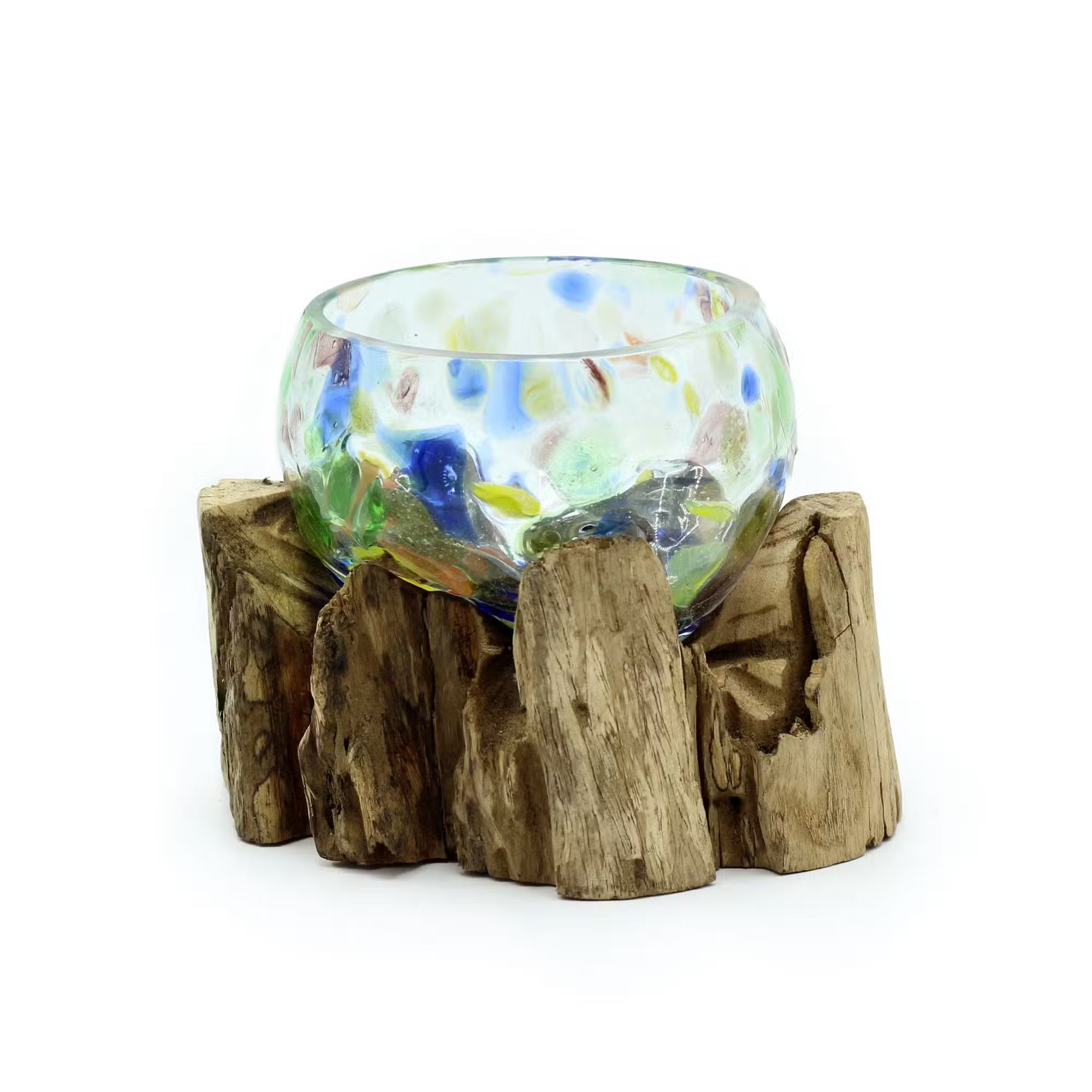Glasschale aus Recyclingglas auf Gamalholz - klein