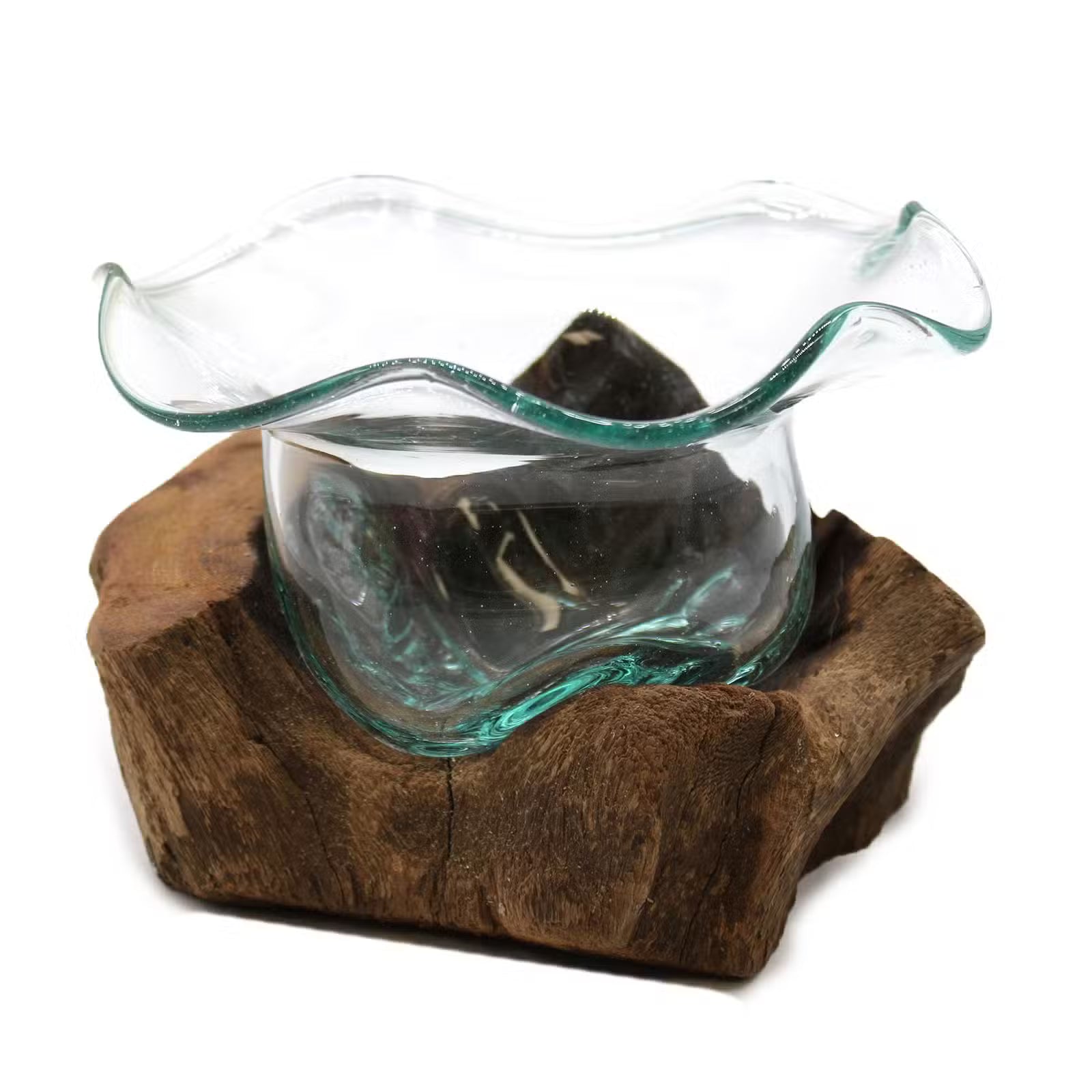 Glasschale aus Recyclingglas auf Gamalholz