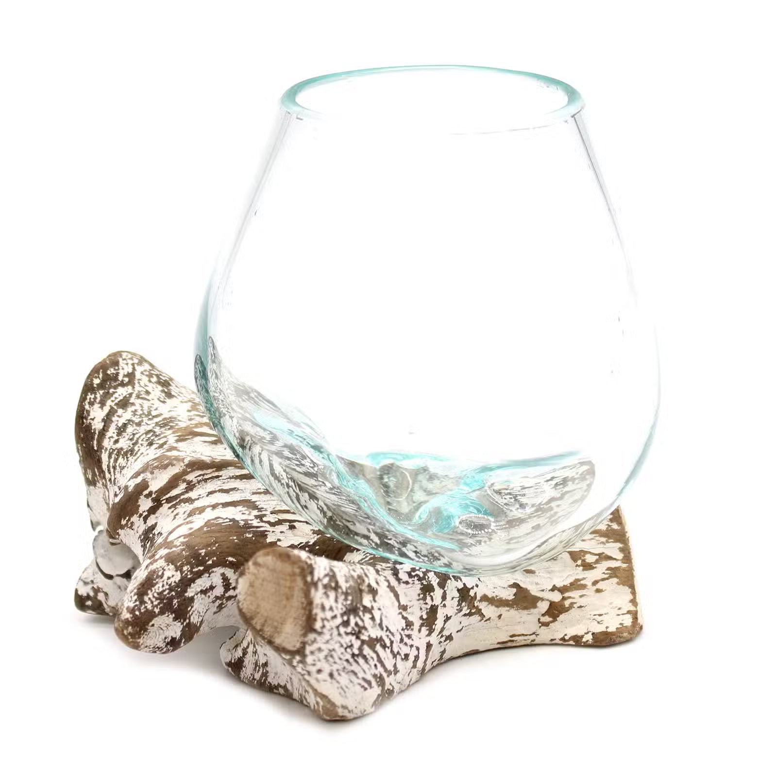 Glasschale aus Recyclingglas auf Whitewash-Gamalholz – 3 Größen
