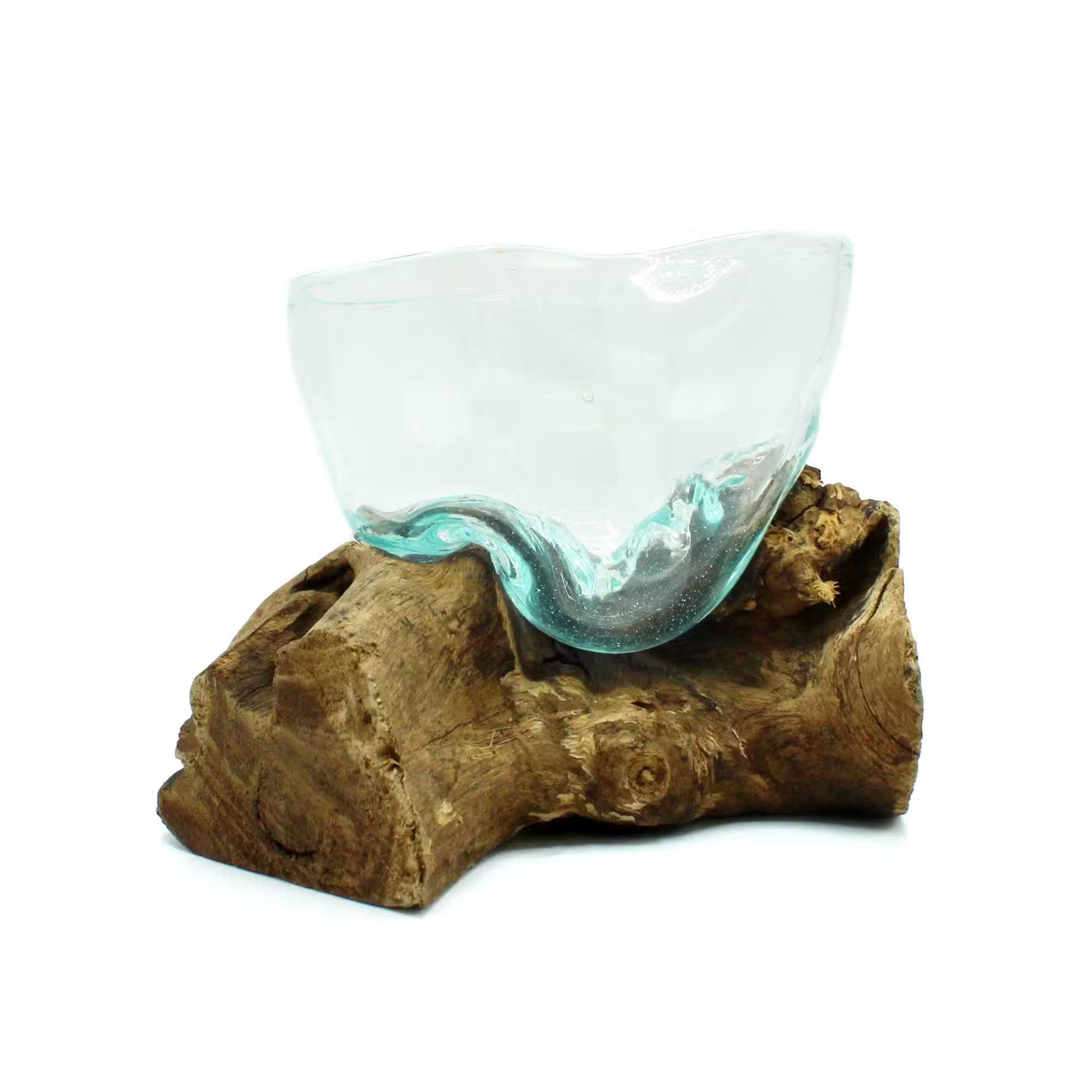 Glasschale aus Glas auf Gamalholz - organisch geformt