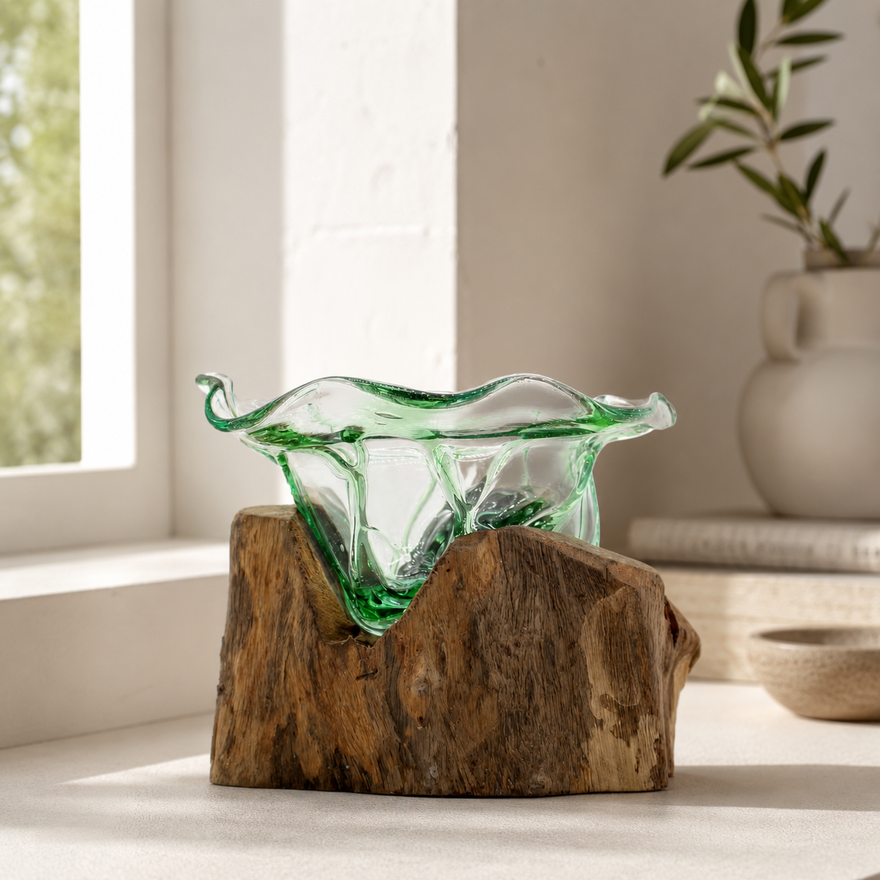 Grüne Glasschale aus Recyclingglas auf Holz – 14 cm